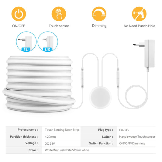Makeup Mirror Backlight Lamp Tape 2m-10m 24V Dimmable COB Neon Strip Light with Touch Swtich for Cabinet Wardrobe Dressing Table