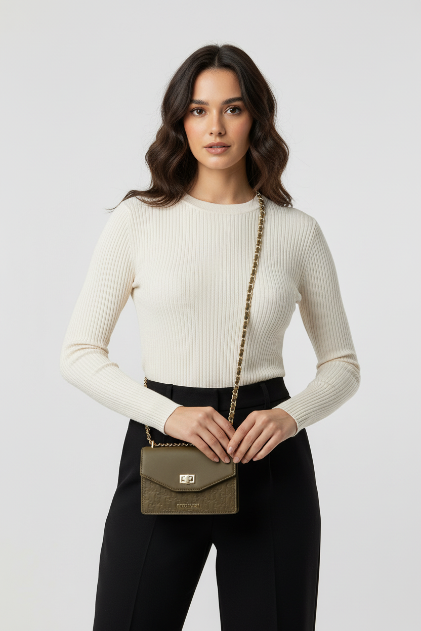 Model met tas, detailopname