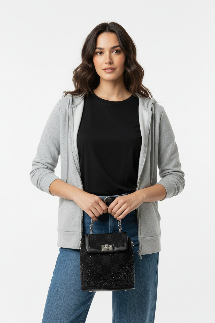 Model met tas, detailopname