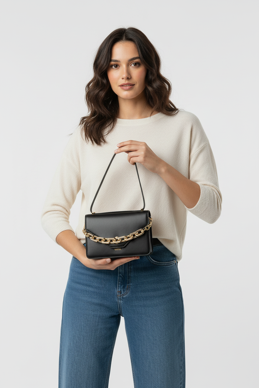 Model met tas, detailopname