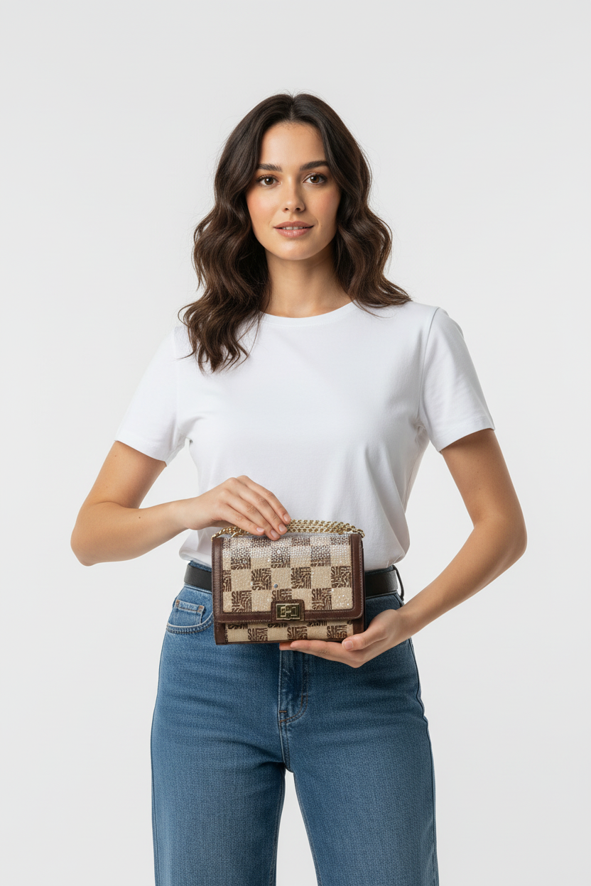 Model met tas, detailopname