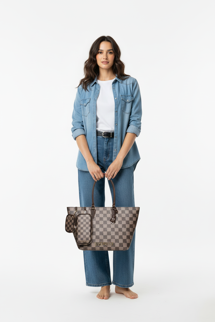 Model met tas, overzichtsfoto