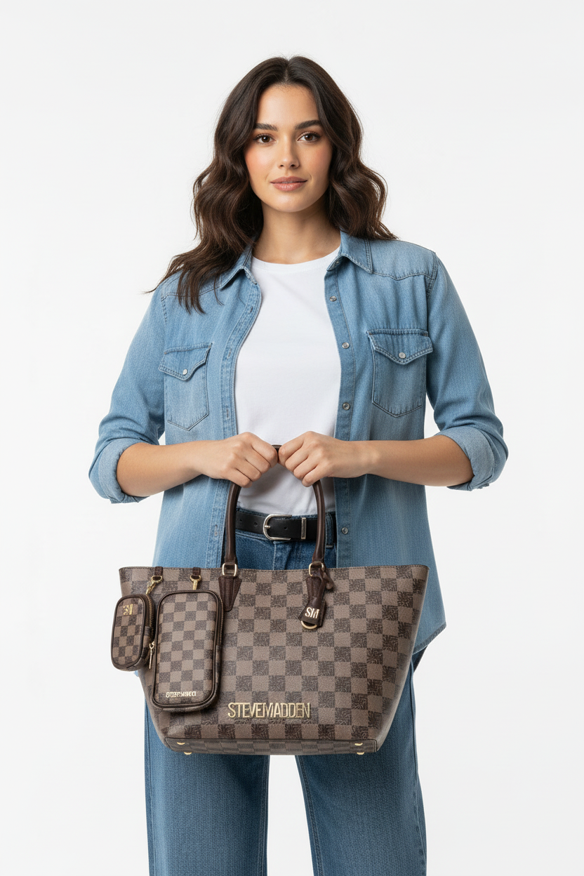 Model met tas, detailopname