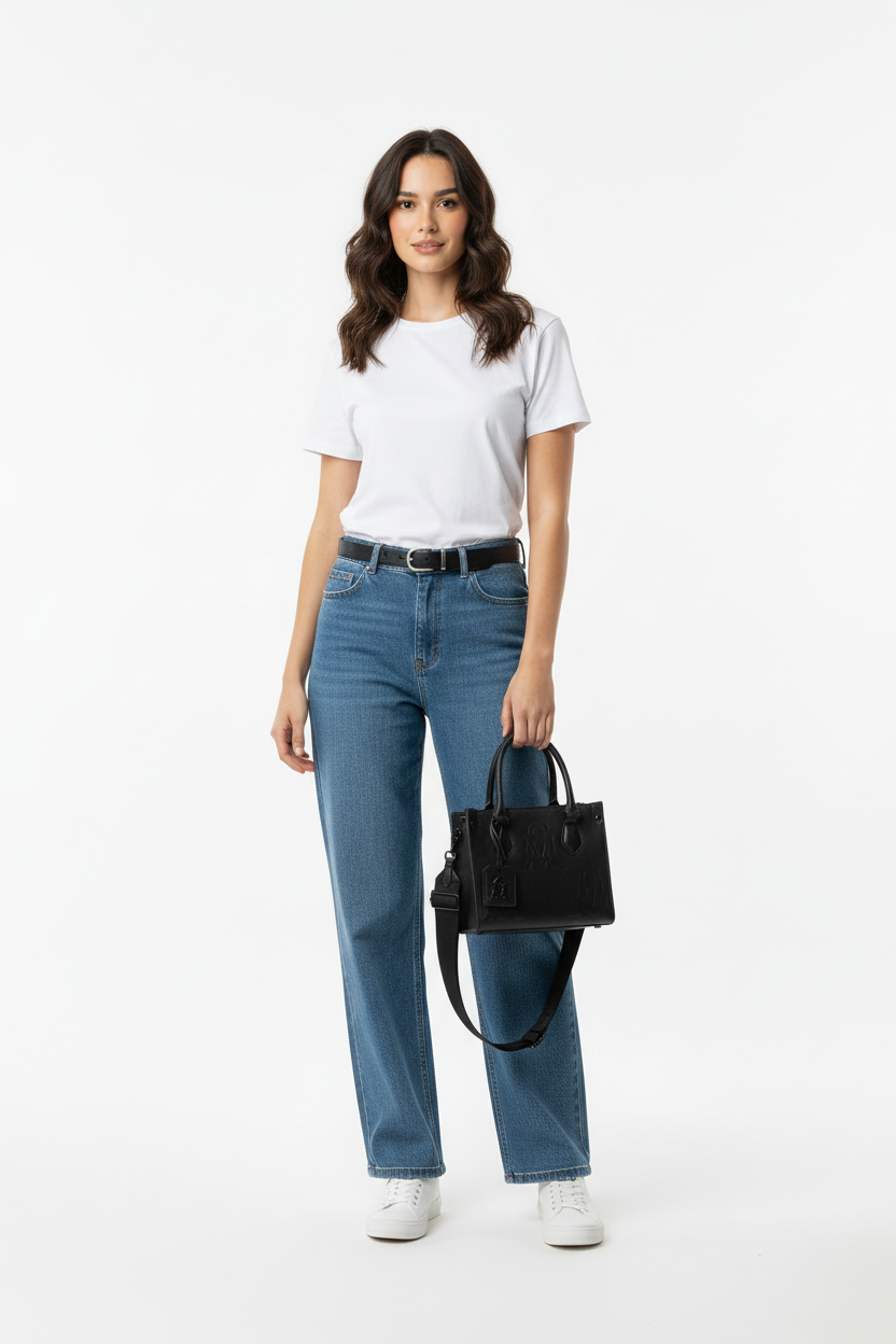 Model met tas, detailopname