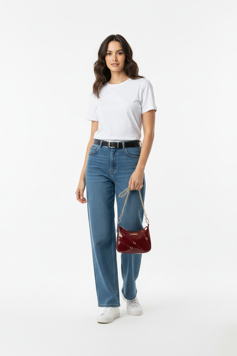 Model met tas, detailopname